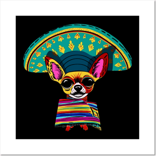 Colorful Mexican Chihuahua in Big Sombrero Vintage Drawing Posters and Art